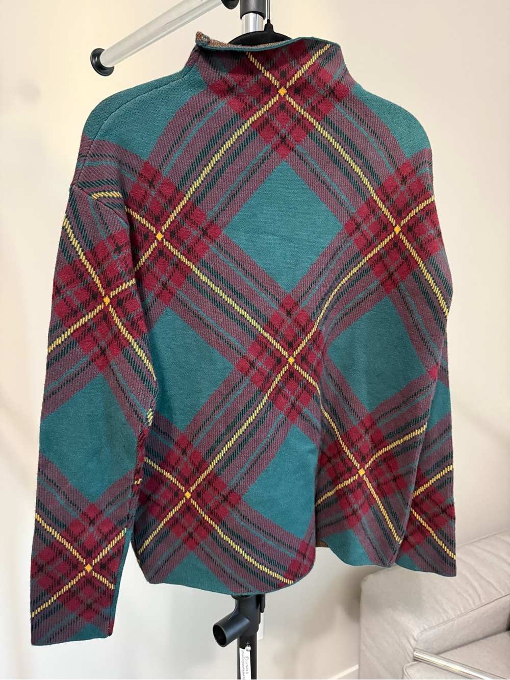 Tahari Teal Plaid Turtleneck Sweater with Red and Yellow Accents